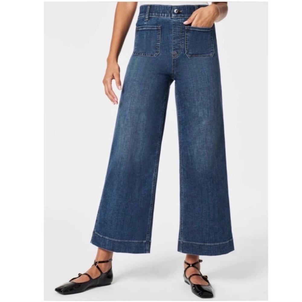 NWT Spanx Womens 1X Cropped Wide Leg Jeans Patch Pockets Minimalist Contemporary